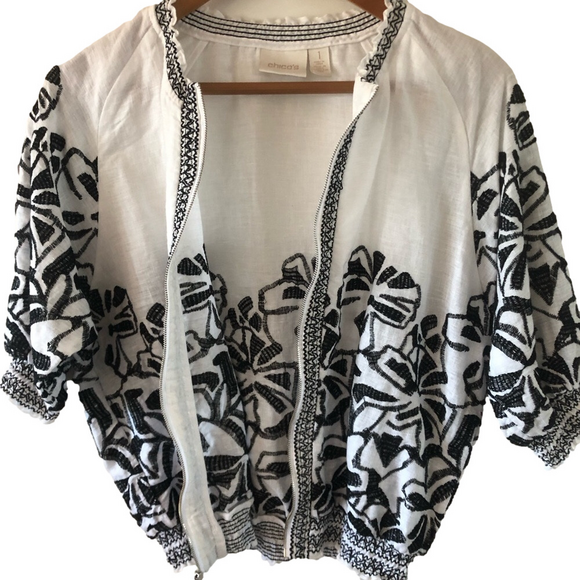 Linen Embroidered Black and White Short Sleeve Jacket zip front size medium - Picture 8 of 14